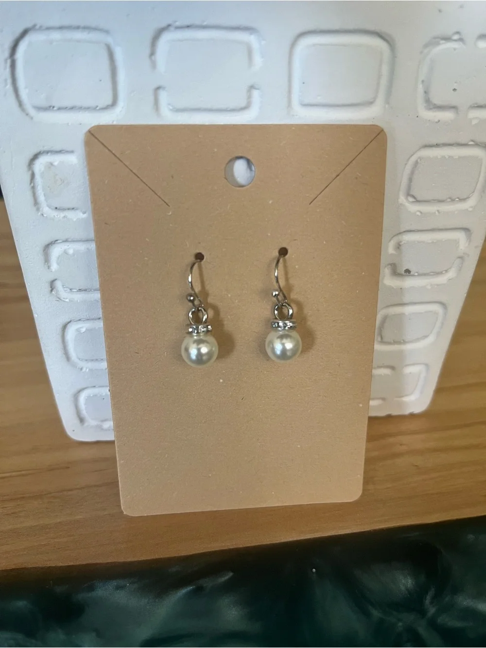 Pearl Drop Earrings with Silver Hooks and Rhinestone Accents - White